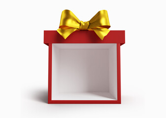 display present red box showcase with gold ribbon or gift box mock up isolated on white background. 3D 