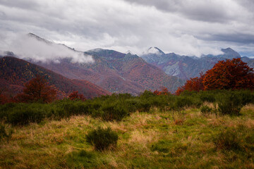 Mountain range in autumn on a cloudy day in Picos de Europa national park in Puerto de Panderrueda viewpoint, Spain