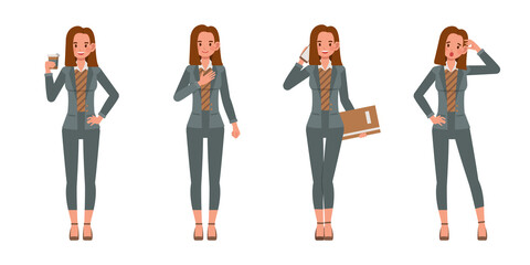 Set of office woman wear green suit character vector design. Presentation in various action. People working in office planning, thinking and economic analysis.