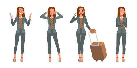 Set of office woman wear green suit character vector design. Presentation in various action. People working in office planning, thinking and economic analysis.
