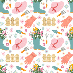 Fototapeta premium Vector seamless pattern with garden accessories, flowers and tools. Gardening. Springtime. Hand drawn illustration. The print is used for Wallpaper, fabric, textile.
