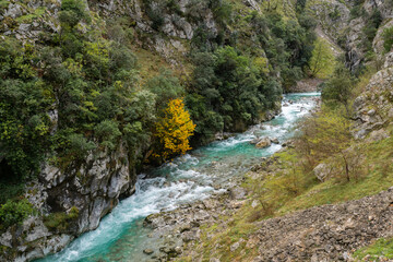 Ruta del Cares river trail nature landscape in Picos de Europa national park, Spain