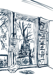 Window and trees behind it, black and white graphic drawing