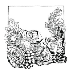 Marine coral reef with its inhabitants - marine fish, algae and shells. Black and white vector illustration.