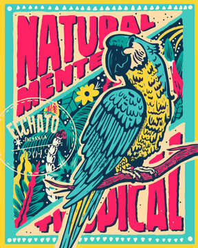 tropical, parrot, poster, flora, fauna, colombian
