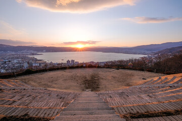 Naklejka na ściany i meble 長野県諏訪市立石公園からの諏訪湖と夕日