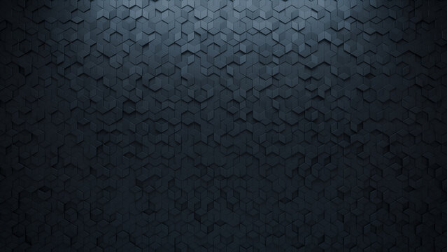 Semigloss Tiles arranged to create a Black wall. Diamond Shaped, Futuristic Background formed from 3D blocks. 3D Render