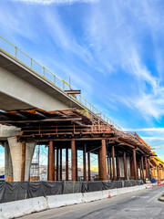 Obraz premium Bracing and support in place for a overhead freeway construction project