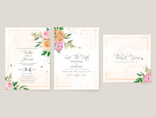 Fototapeta na wymiar Wedding invitation card template with orange and white roses design