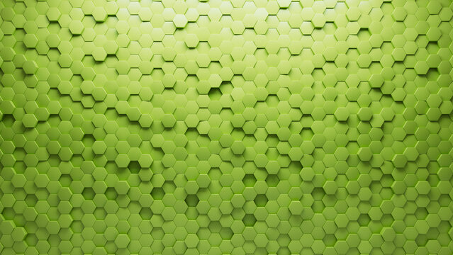 Futuristic Tiles arranged to create a 3D wall. Semigloss, Green Background formed from Hexagonal blocks. 3D Render