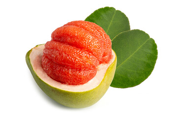 Red Pomelo or Grapefruit called Tabtim Siam in Thai, a sweet taste fruit with bright color planted in Asia, peeled beautifully with a pomelo skin and green leaves on white background. Clipping path