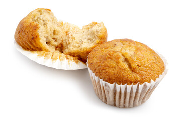 Homemade Banana Cup Cake is a cake prepared by using bananas as the main ingredient and common cake mix on white background. Clipping path.