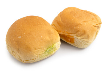 Close up of soft buns stuffed with sweet egg custard, Thai dessert custard bun isolated on white background. Clipping path.