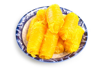 Golden Threads called Foi Thong in Thai, traditional Thai sweets made from egg yolks and sugar, isolated on white background. Clipping path