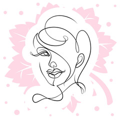 Fototapeta premium International Women's Day minimal design line drawing style. Portrait of young woman beauty face isolated on pink leaf background. Vector for Spa, fashion, hairdressing and beautiful artwork design.