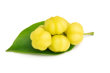 Phyllanthus acidus, star gooseberry, starberry or mayom fruits with leaf isolated on white background with clipping path, cutout.