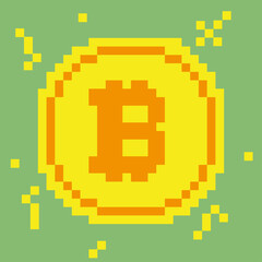 Bitcoin gold coin in pixel. Vector illustration. Pixel art. Digital money