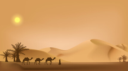 Desert landscape illustration of ramadan kareem with camel caravan silhouette vector illustration.  - obrazy, fototapety, plakaty