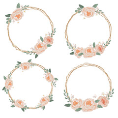 watercolor blooming english orange peach rose branch with dry twig flower bouquet wreath round frame collection