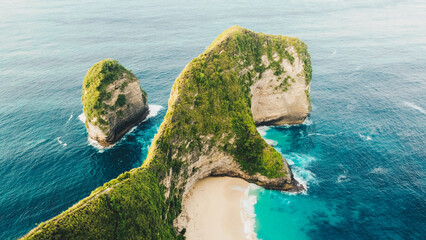 Aerial shot of the tropical coast of the island of Nusa Penida, beach of Kelingking