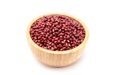 Red beans in woodle bowl isolated on white background. Healthy food concept