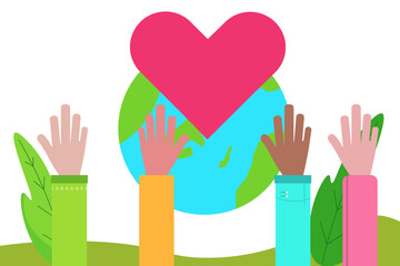 平和 手を挙げる人々とハート 世界 人種 ベクターイラスト