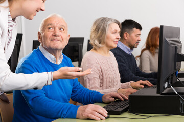 Fototapeta premium Side view of young business woman explaining something to older coworkers, pointing at computer monitor