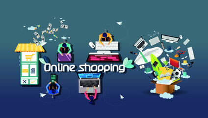 Naklejka premium Online shopping with Ordering, Pay, Product delivery - Creativity modern Idea and Concept illustration vector.