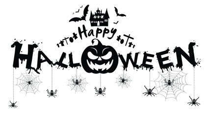 Happy Halloween Text Banner with cobweb,spider,pumpkin,castle,graves,modern design Idea and Concept  illustration Vector.   