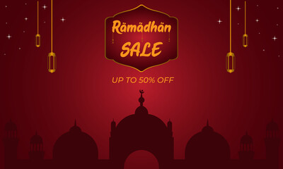 Ramadan sale, web header and banner design with hanging lanterns and twinkling stars on dark red background, poster, Ramadan Greeting Card Illustration, background, flyer, illustration, brochure and s