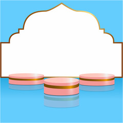 3D Islamic product display market on blue background. three pink Podiums, Islamic Outline, Ramadan Kareem, Maulid, Eid Al-Fitr Adha, Muharram, 3D Vector Illustration. 