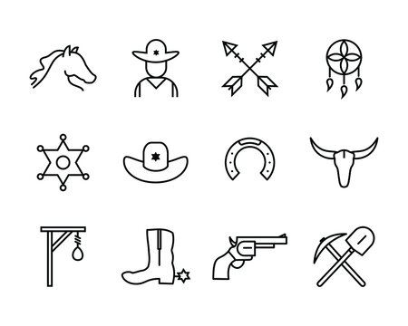 cowboy objects minimalist design, wild west icon set in outline style 