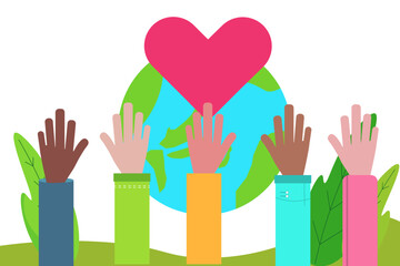  People Hands up for peaceful. World global harmony with heart.  Vector illustration