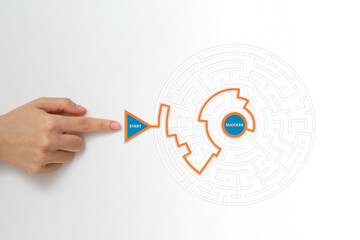 Hand pointing the start go through maze path to goal or success, Career path or goal achievement,...
