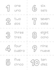 english spanish numbers, language learning coloring page for kids. you can print it on standard 8.5x11 inch paper