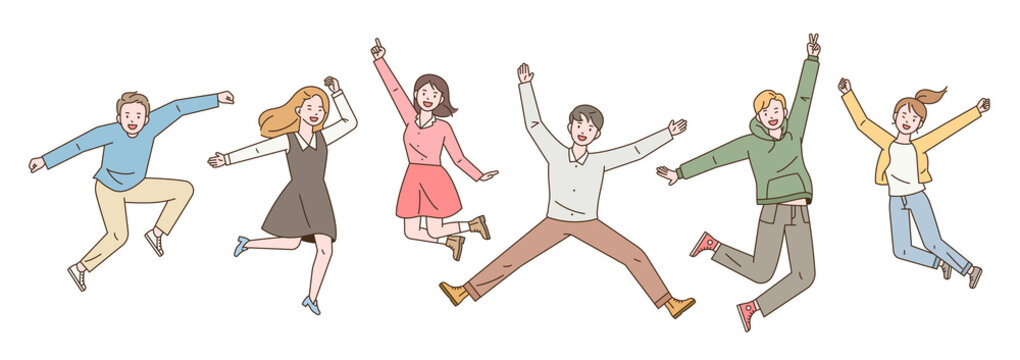 Young People Are Jumping Happily. Dynamic Character. Outline Simple Vector Illustration.