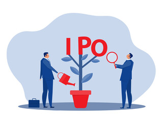 businessman Water the plants with  IPO, initial public offering. people Investing strategy Concept ,Flat vector illustration.