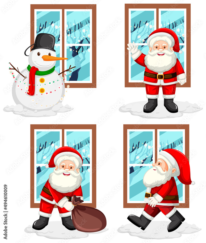 Canvas Prints set of snowman and santa by the window