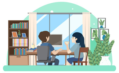 People working on computer at home