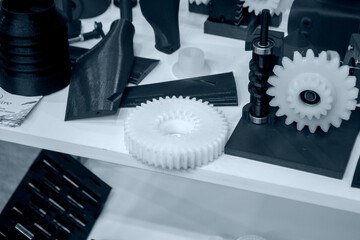 Objects printed on 3d printer made of white plastic close-up. Models created on 3D printer from...