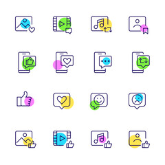Social media interaction icons. Like, thumbs up, save, emoji, repost and share. Video, photo, users. Pixel perfect, editable stroke fun color icons