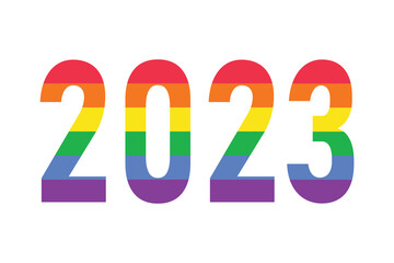 2023 year logo in rainbow LGBTQ flag colors isolated on white. Vector symbol of LGBTQ gay pride month, history month - obrazy, fototapety, plakaty
