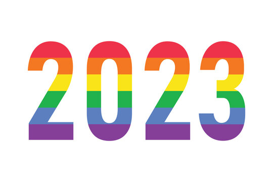 2023 year logo in rainbow LGBTQ flag colors isolated on white. Vector symbol of LGBTQ gay pride month, history month