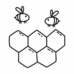 Obraz premium Honeycomb with bees. Vector doodle illustration. Bee honey. Contour icon.