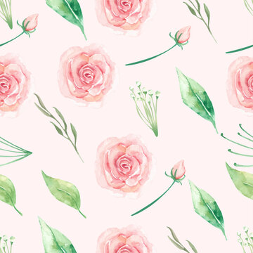 Pink roses and green florals hand painting seamless pattern background