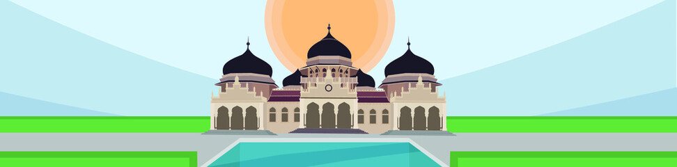 Aceh's Baiturrahman Grand Mosque Banner flat vector 