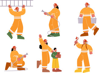 Set of fire fighters male and female characters in uniform holding ladder, water hose, buckets and axe. Group of firemen team working, fighting with blaze, save kid. Linear people vector illustration
