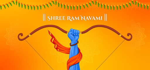 Shri Ram Navami Greeting hands of Lord Rama Holding Big Bow and Arrow