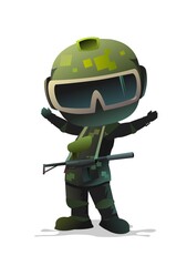 Warrior paintball player rejoices in victory. Comic funny character. Helmet, mask and uniform. Isolated on white background. Vector