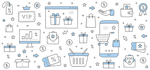 Loyalty program rewards doodle concept. Smartphone with shopping trolley at screen. Mobile application for vip clients, gift box, hand, percent sign, sale coupon, star, Line art vector illustration